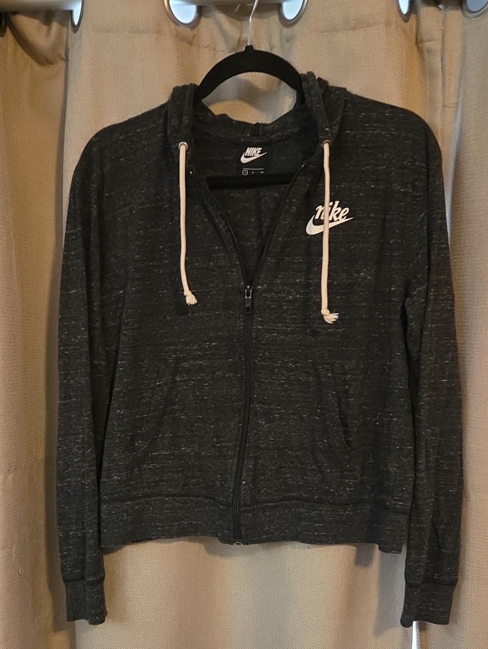 Nike Women’s Dark Heather Gray Zip Hoodie with White Drawstrings